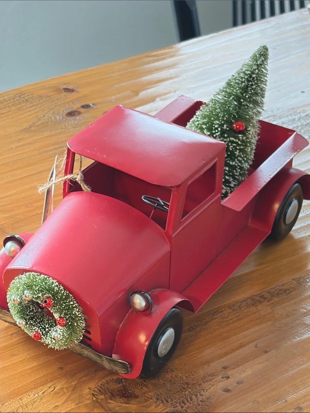 Red Holiday Metal Truck Decor with Wreath - Rustic Home Holiday Accent